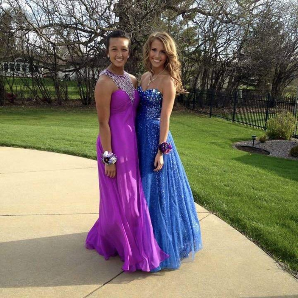 Blue prom dress with sparkly under layer